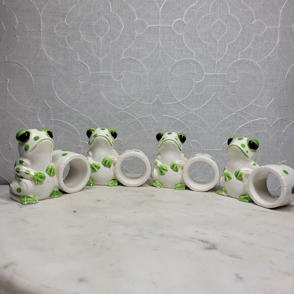 VTG Schmid Bros Frog Napkin Rings Ceramic Green White Hand Painted Japan 4 - Picture 8 of 16